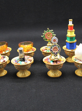 怀旧纯铜水碗八吉祥八供水杯佛前供碗净水杯七彩石家用贡水碗