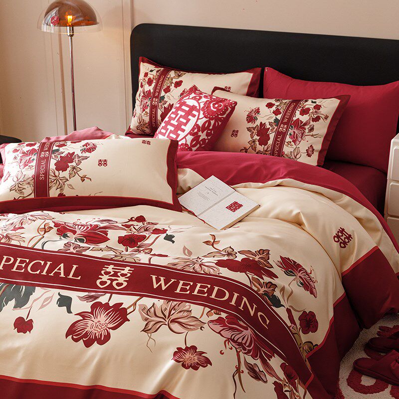 A类高档婚庆四件套大红喜被全棉中式印花结婚房嫁礼床单床上用品4