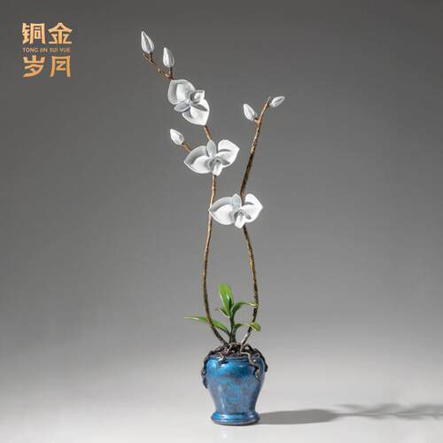 铜艺坊蝴蝶兰花彩铜摆件创意家居仿真花朵花卉盆景黄铜工艺品摆件