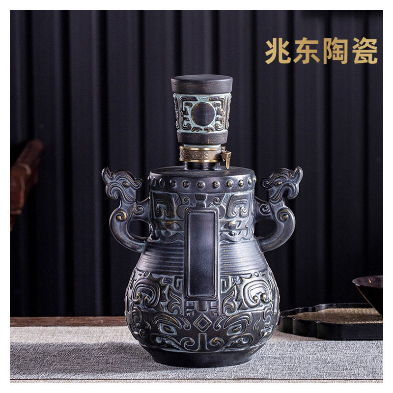 景德镇陶瓷酒瓶3斤装 仿青铜器仿古密封三斤装双耳福筒空酒瓶酒罐
