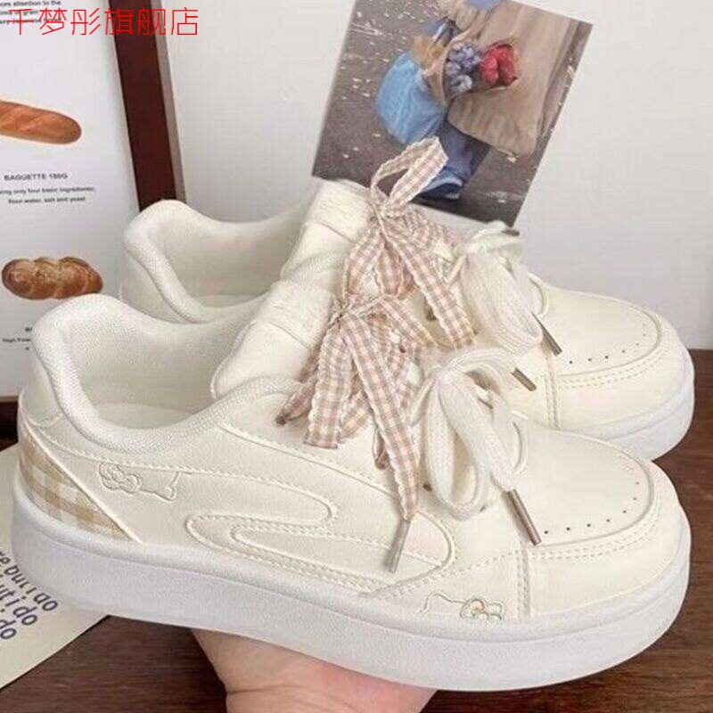 韩版厚底格子蝴蝶结小白鞋女