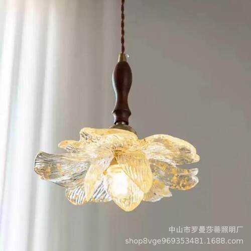 中古花瓣餐厅吊灯胡桃木简约吧台三头长餐桌灯法式复古莲韵过道灯