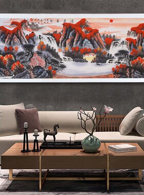 手绘鸿运当头国画山水画客厅装饰画办壁室沙公背景墙发画茶室挂画