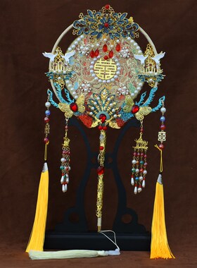 暗红色蕾丝新娘新古典团扇明制汉唐古风双面手工成品遮面金色扇子