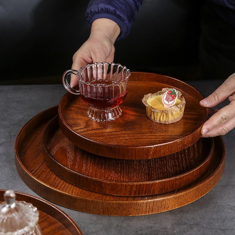 中式茶盘复古圆形木质托盘家用点心水果蛋糕盘咖啡厅水杯早餐盘子
