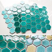 蓝绿色简约冰裂中六角马赛克瓷砖卫生间浴室厨房吧台客厅背景墙砖