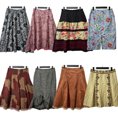 古着vintageS2复古印花拼接半身裙女中长款A字裙港风设计感半裙