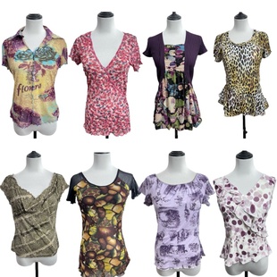 vintage古着X8外贸嬉皮海淘美式 T恤女复古花卉风设计感上衣 短袖
