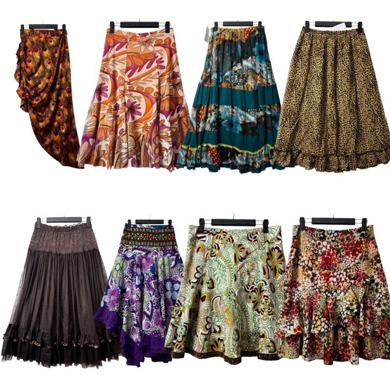 古着vintageA5复古波西米亚风印花海淘拼接半身裙女A字百搭中长裙