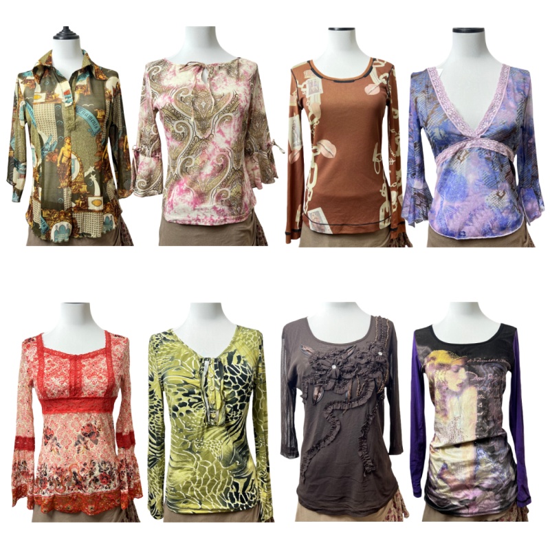 古着vintageQ10复古印花长袖上衣女修身显瘦辣妹风外贸个性废土风