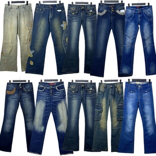 牛仔 百搭海淘做旧工装 古着vintageN2复古牛仔风女士喇叭长裤 四季