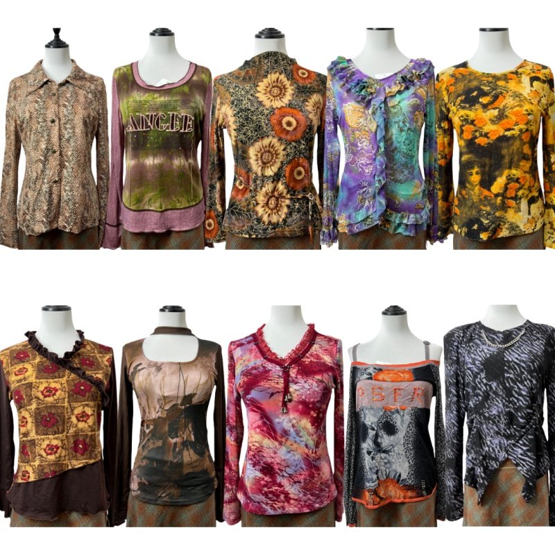 古着vintageQ19海淘复古印花长袖T恤女Y2k辣妹外贸上衣印花内搭