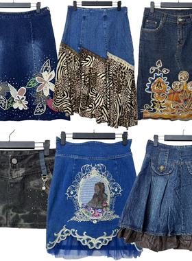 vintage古着B4复古牛仔半身裙女刺绣短裙A字裙减龄显瘦Y2K嬉皮风