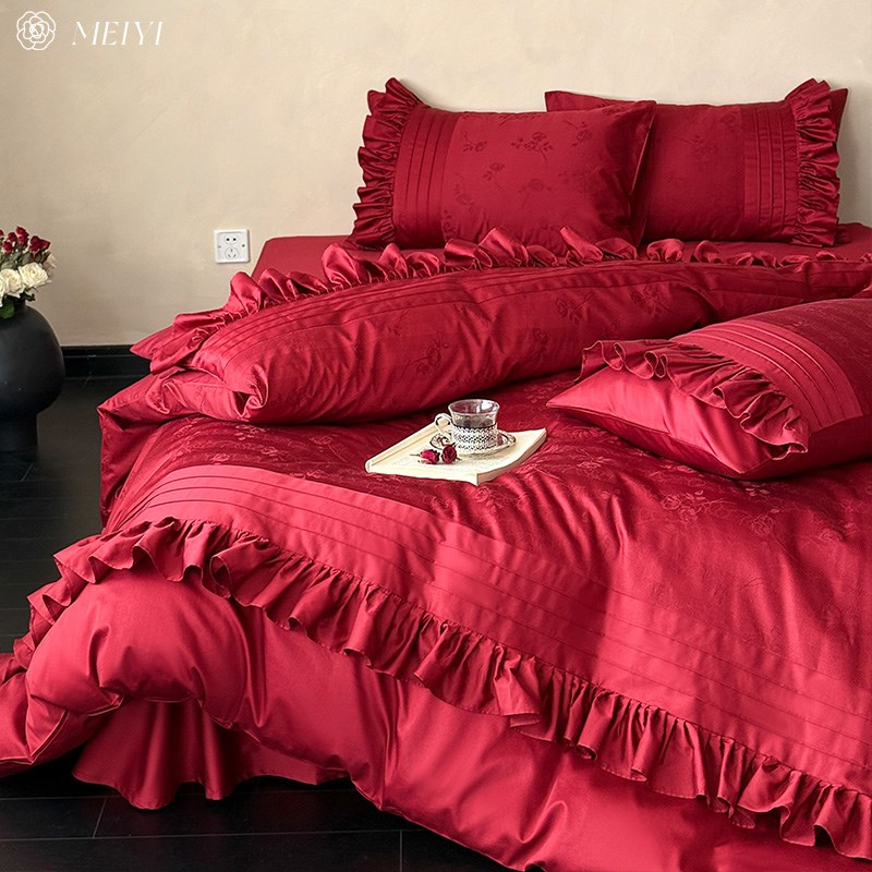 浪漫玫瑰提花100S全棉婚庆四件套纯棉红色结婚喜被套婚庆床上用品