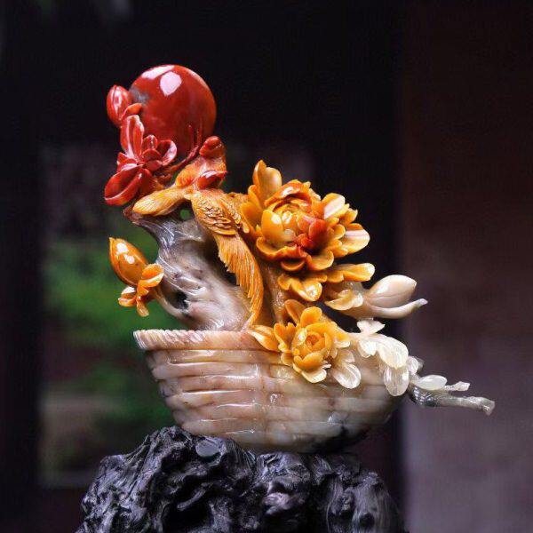 福建寿山石花开富贵摆件家居客厅装饰摆设原石手作雕刻工艺品收藏