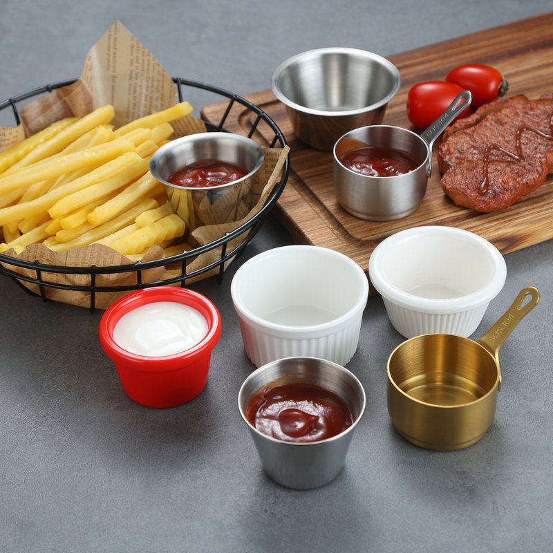 不锈钢西餐酱汁杯薯条炸鸡蘸料碟牛排酱料陶瓷沙拉番茄酱杯碟餐具