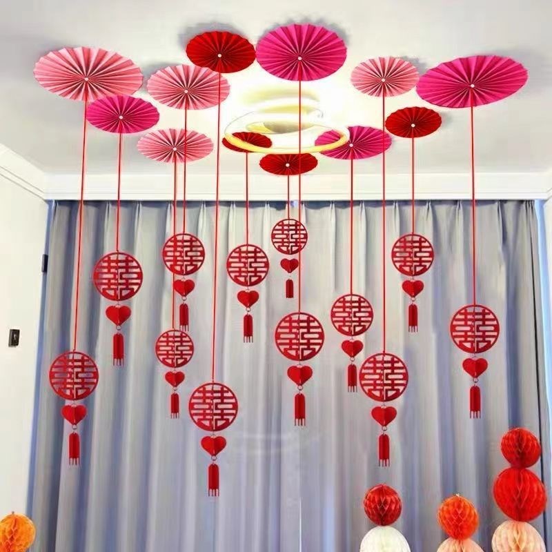 婚房装饰布置客厅卧室结婚装饰y男女方吊顶布置天花板扇花喜字配