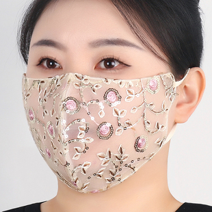 防晒口罩女士夏季 复古国风高颜值刺绣护全脸透气洋蕾丝面纱 天薄款