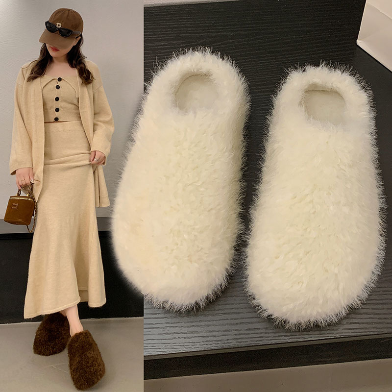 小个子5厘米松糕厚底增高毛毛拖鞋女外穿2025秋冬季一字棉拖鞋子