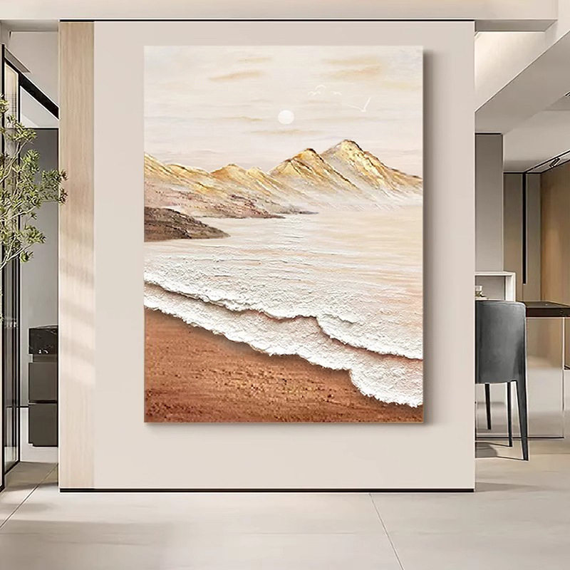 侘寂风客厅装饰画海浪沙发背景墙落地油画简约奶油风肌理玄关挂画