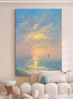 高级感海上日出装饰画仿油画风景唯美帆船梦幻玄关卧室客厅摆挂画