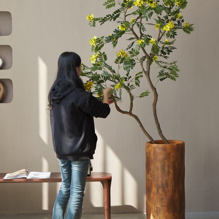 仿真绿植室内落地盆栽假树植物黄槐花中古风装饰高端轻奢盆景摆件