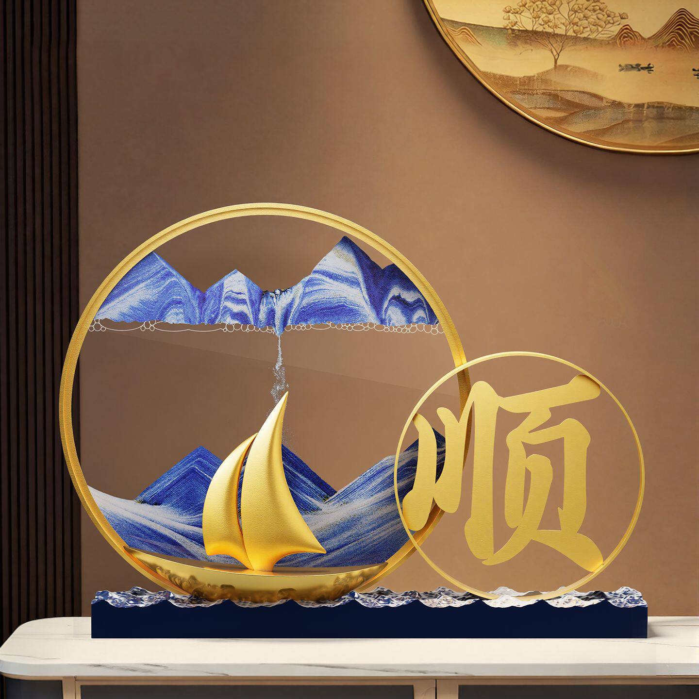 新中式招财福禄流沙画摆件办公室山水流沙3D创意礼品沙漏画工艺品