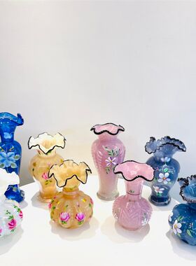 手绘款芬顿花瓶器工吹制玻璃fen粉on风格花手白紫蓝t奶油色