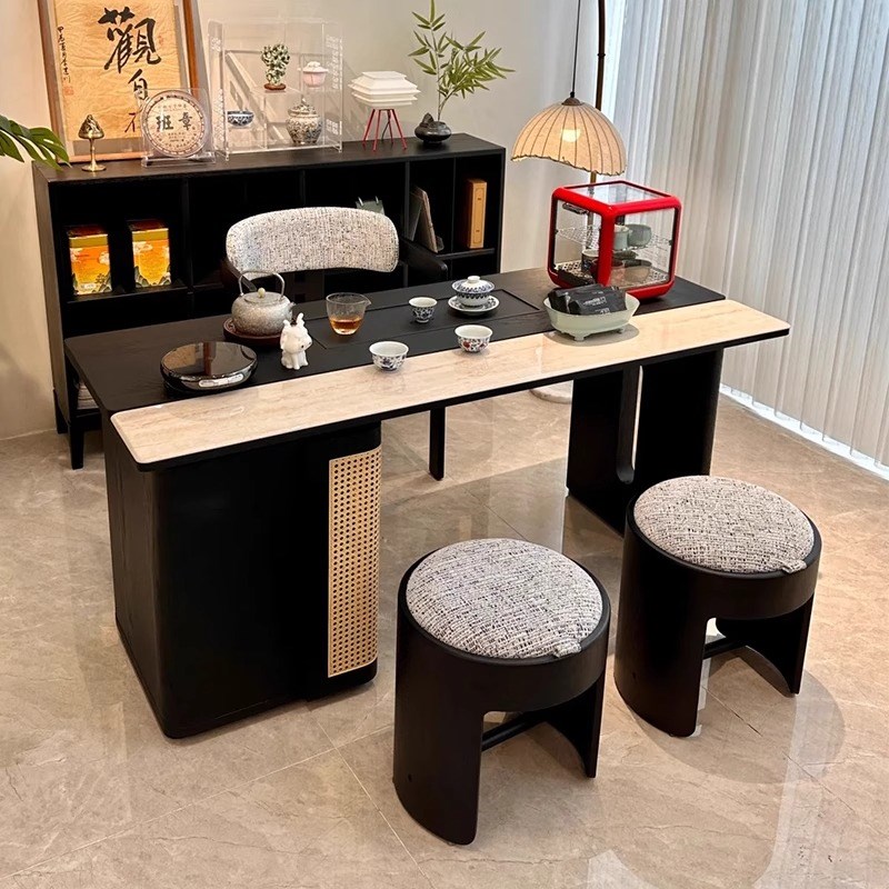 意式轻奢岩板胡桃木实木茶桌椅2025新款现代简约家Y用茶台泡茶桌