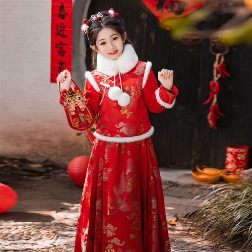 汉服女童拜年服冬装2025新款蛇年加绒加厚儿童新年过年喜庆衣服红