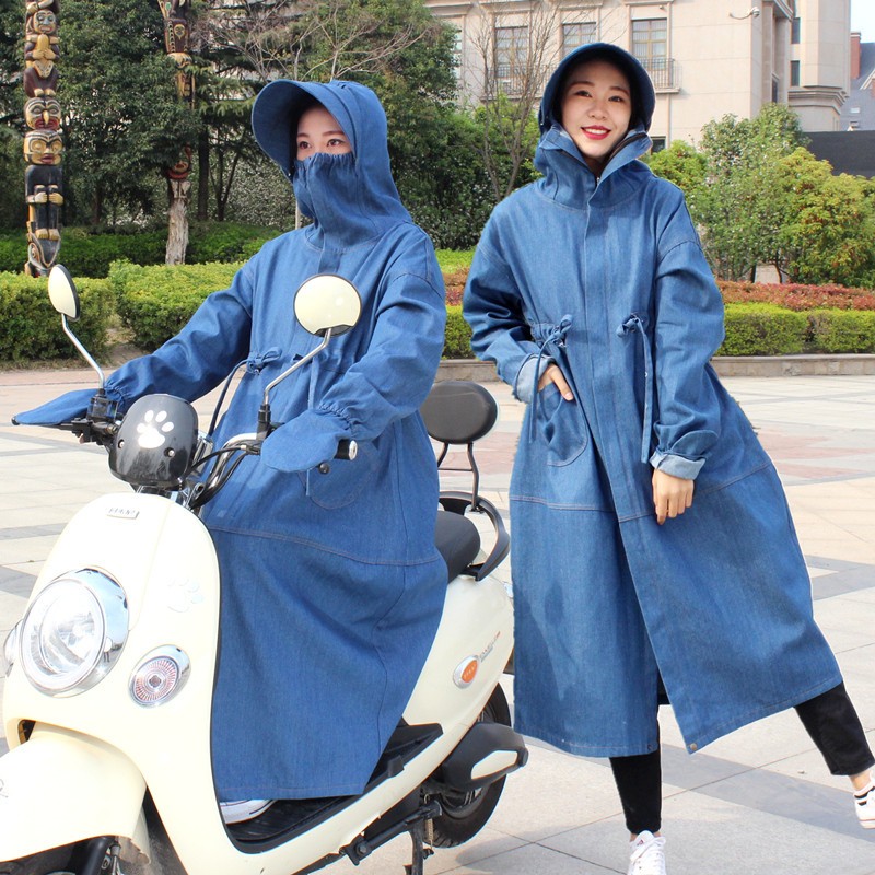 电动车防晒服遮阳衣连帽防紫外线薄款牛仔中长款摩托车大帽檐外套