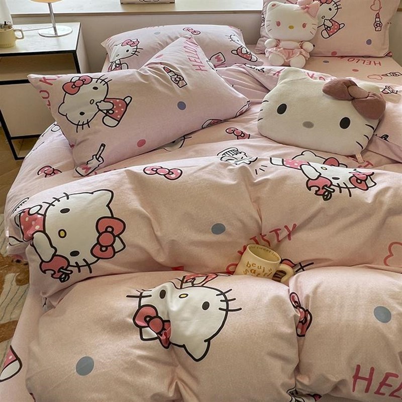 公主风加厚全棉四件套磨毛床单被套秋冬季KT猫儿童床上三件套