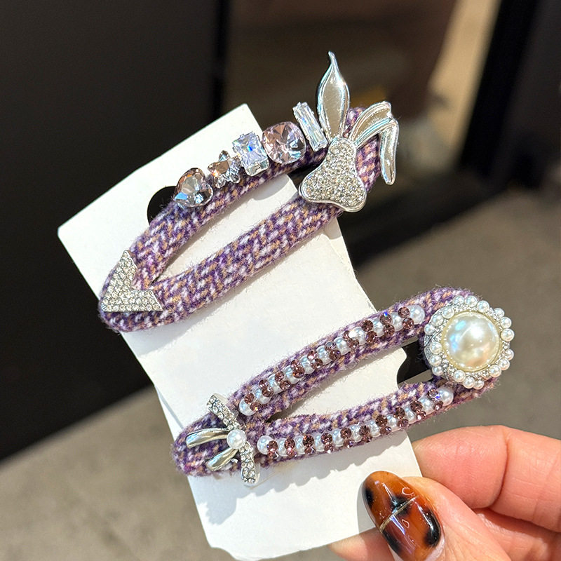 韩系甜美紫色系珍珠水钻蝴蝶结毛线发夹侧边碎发bb夹感,饰品/流行首饰/时尚饰品新,民族风发饰,淘宝优惠券,粉丝福利购,淘宝优惠卷