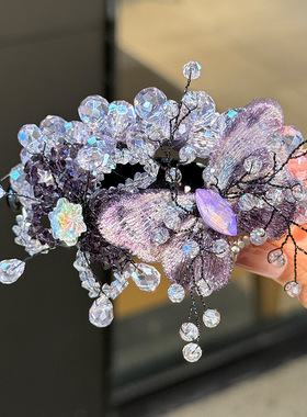 2026新款感魅惑紫色蝴蝶重工水晶马尾扣丸子头发夹手工晶石发卡女