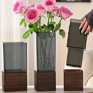 方形花瓶带木托养花桶摆件透明鲜D花干花客厅餐桌插花装饰花桶