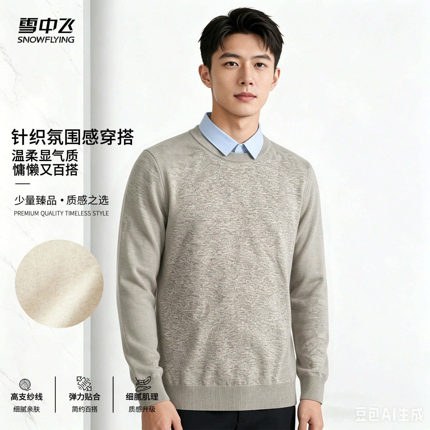 雪中飞假两件毛衣棉感舒适男士衬衫领长袖套头上衣休闲百搭上衣男