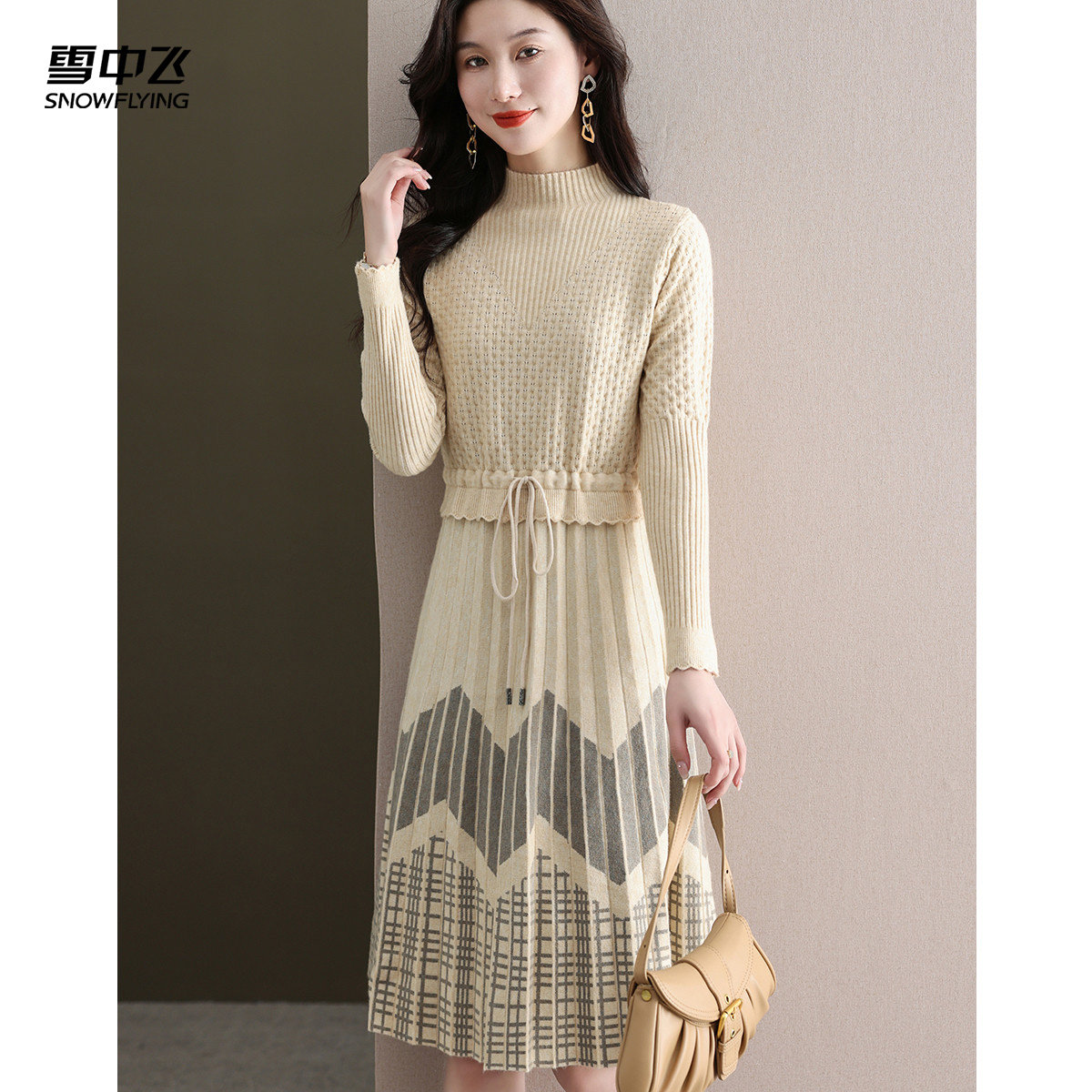 秋冬温柔半高领保暖长袖毛针织裙中长款A字时尚气质连衣裙女士