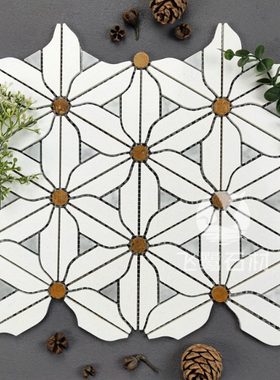 大理石马赛克厨房卫生间浴室地砖墙砖石材背景墙心白色花朵复古款