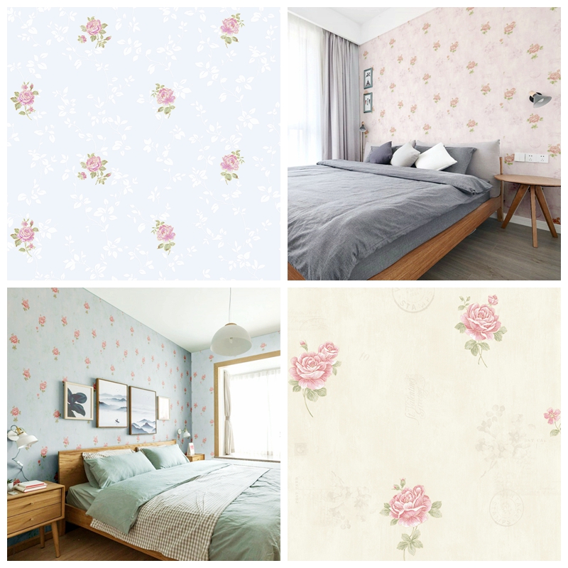 3D立体无纺布田园小碎花墙纸 浅绿色田园中花壁纸 Y浅紫色粉红色