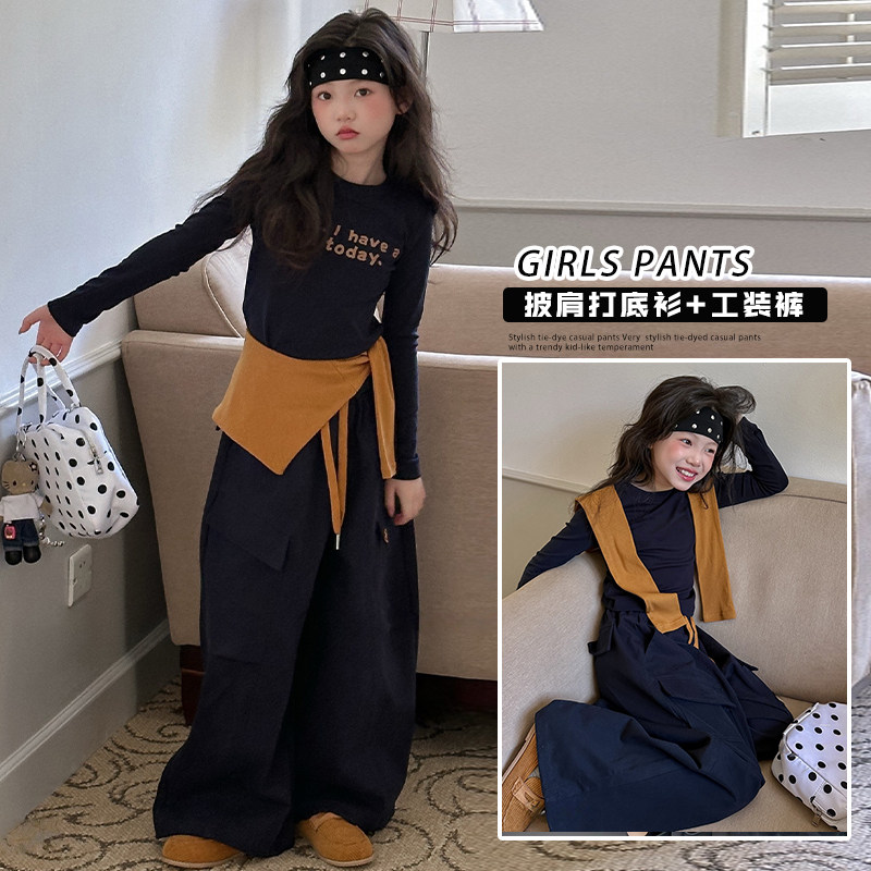 新款韩系撞色假两件套装女童秋季工装阔腿裤显瘦披肩三件套时尚潮