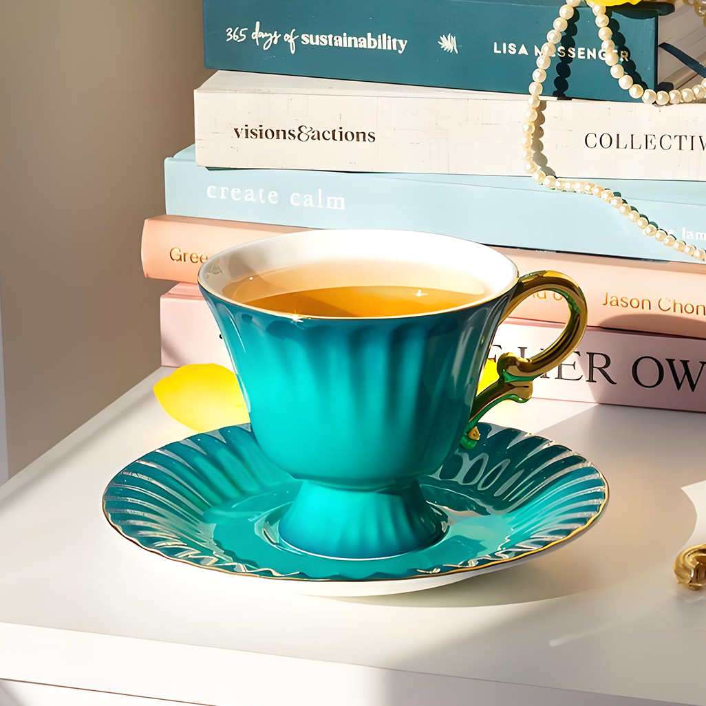 T2孔雀绿渐变茶杯茶碟套装