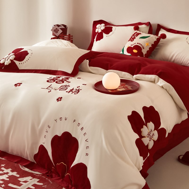 中式婚庆四件套大红色床单被罩全棉结婚陪嫁婚房床上用品