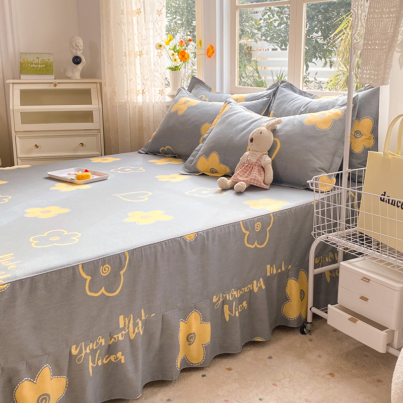 床裙单件简约风花卉全棉床笠罩带裙边双人床盖床围裙罩三件套