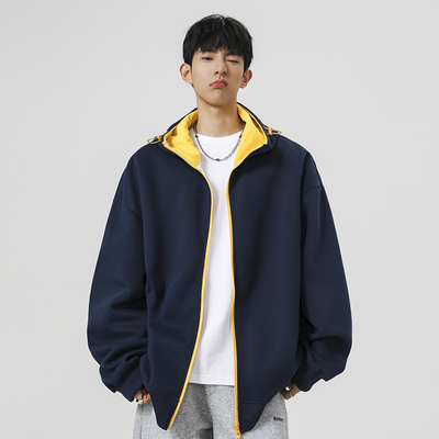 维路雅撞色拉链连帽重磅开衫卫衣宽松情侣休闲外套上衣服