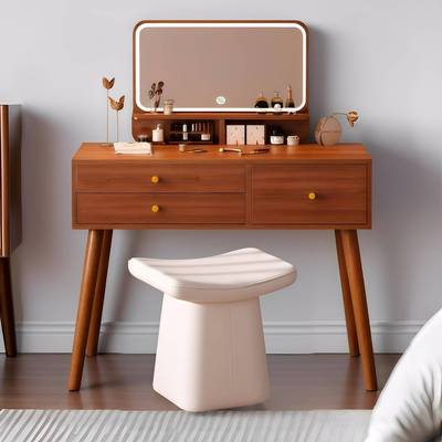 新中式梳妆台二合一书桌收纳柜斗柜一体床头柜一体转角化妆镜子桌