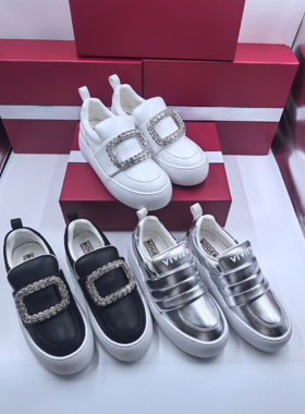 RV顶版厚底增高真皮小白鞋方扣水钻一脚蹬休闲板鞋面包鞋女