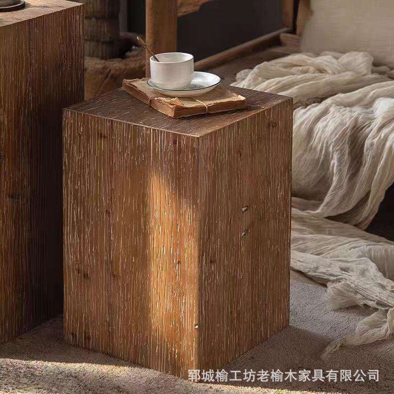 复古老榆木小型茶几方形凳客厅边几角几卧室床头柜实木方墩木墩子