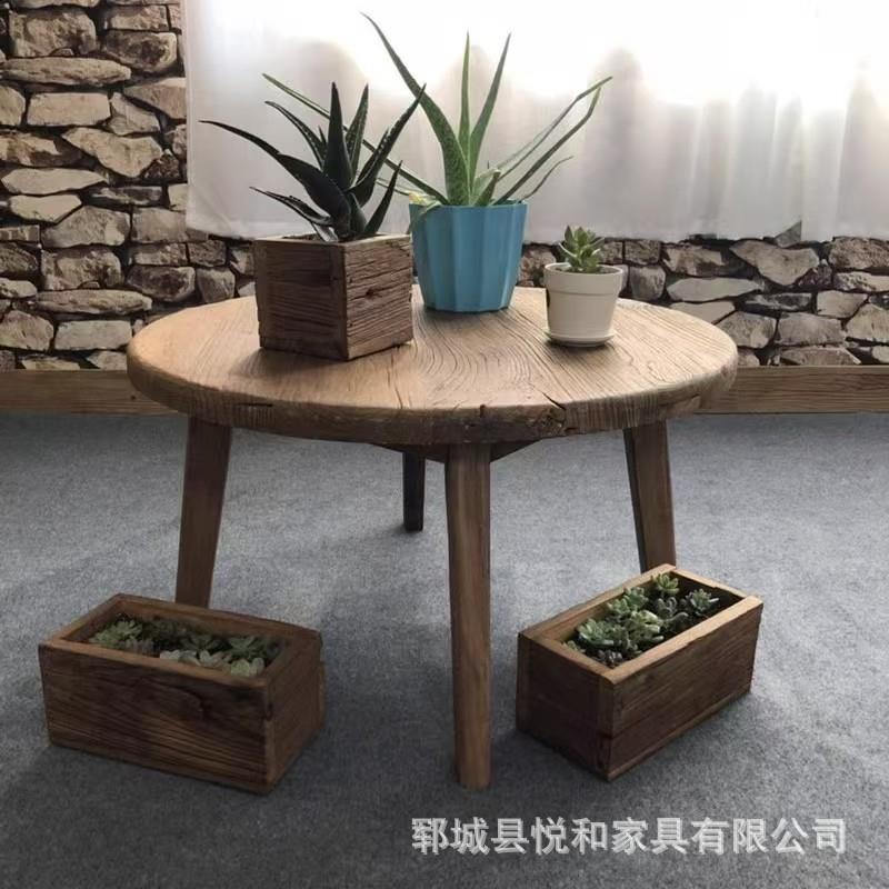老榆木圆桌家用中式小矮桌禅意茶台榻榻米小炕桌风化阳台小茶桌