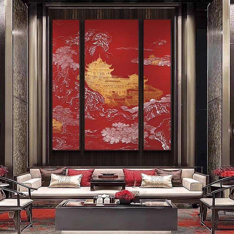 酒店大堂客餐厅高档挂画新中式古典故宫建筑壁画玄关3D浮雕装饰画