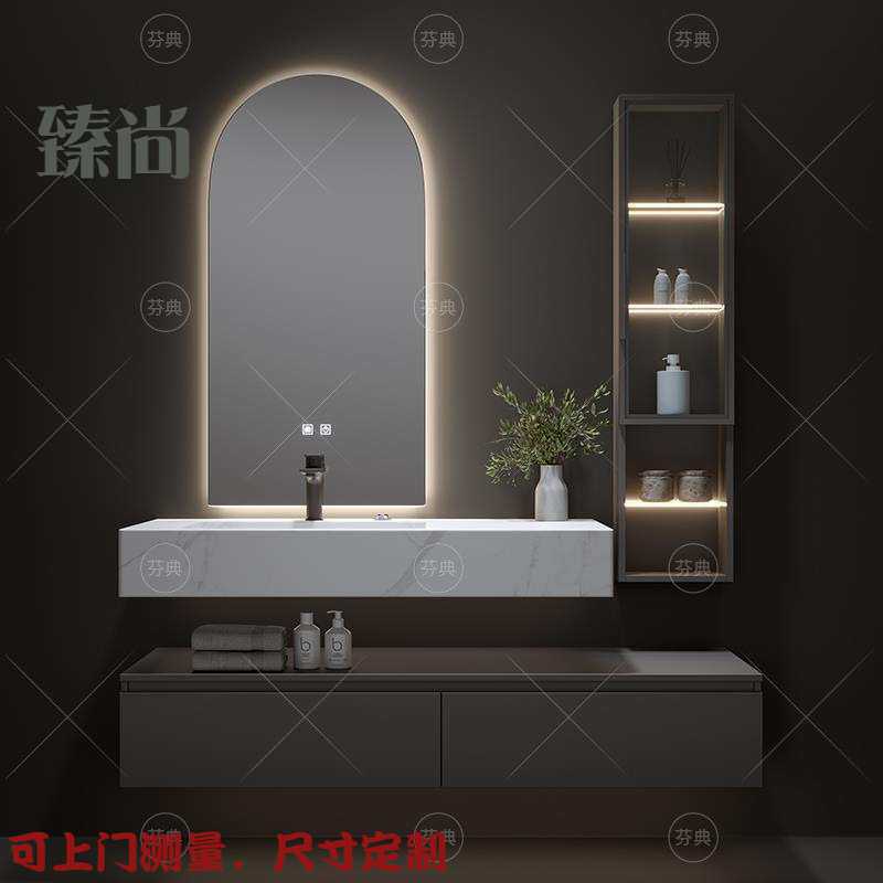 设计师洗漱化妆双盆浴室柜组合岩板一体卫生间洗漱台洗手脸盆镜柜